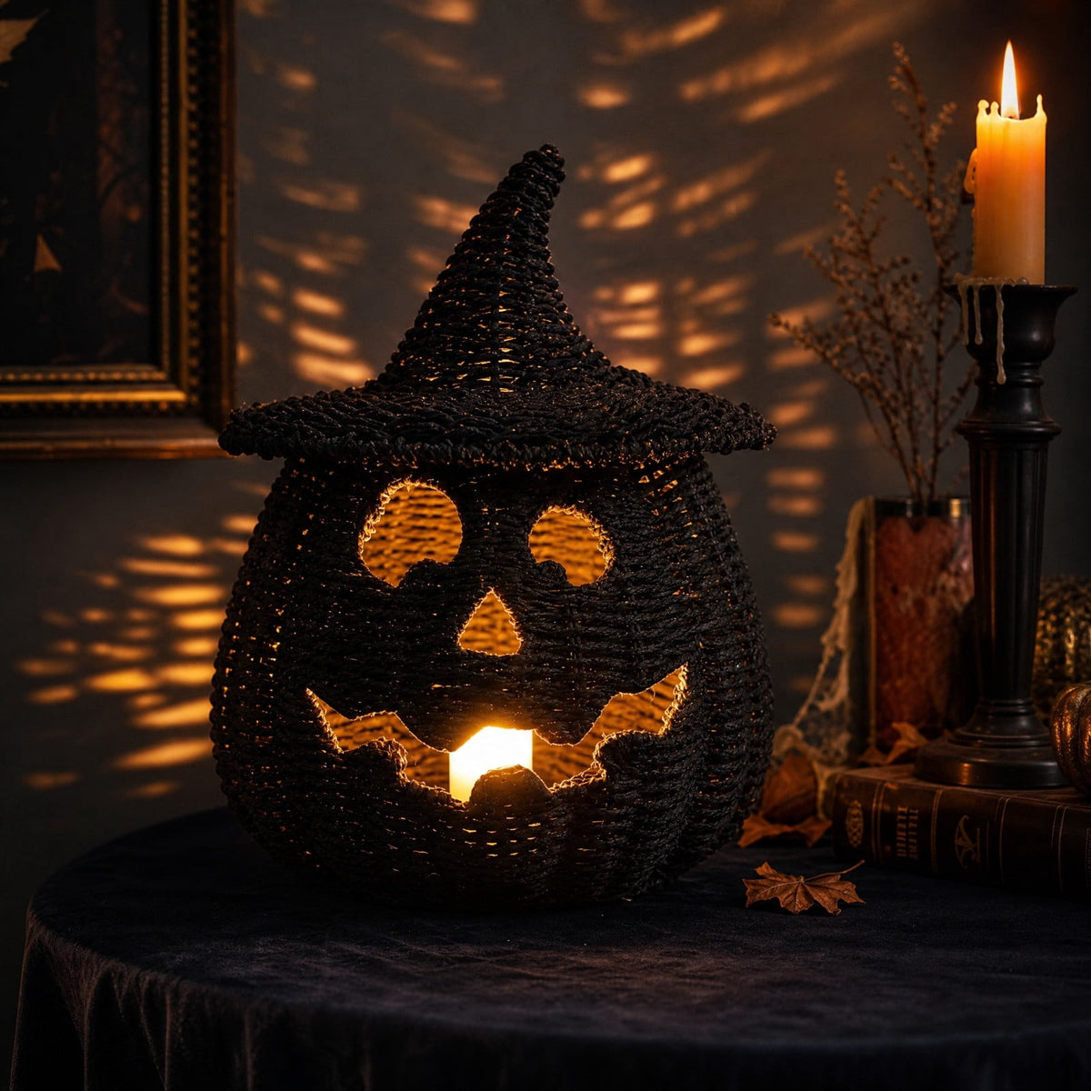 Handwoven Rattan Pumpkin Lantern with Lid, 11" Halloween Light Up Woven Pumpkin Decor, Rustic Black Wicker Pumpkin Decoration for Indoor Home Mantle Tabletop Decor(B)