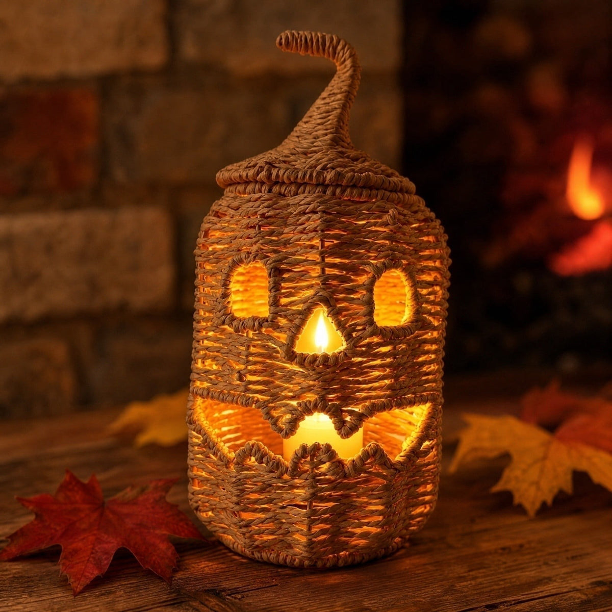Aximioll Halloween Black Woven Jack-O-Lantern Pumpkin Decor, Hand Woven Rattan Wicker Style Statue, Trick or Treat Candy Bowl Lantern for Porch Entryway Fireplace Mantel Table, Black, 11 Inches