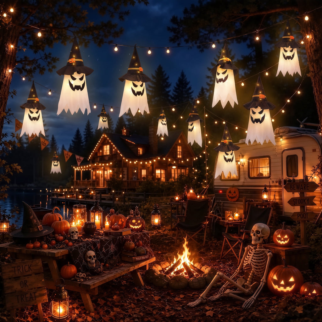 Scidweet Halloween Decorations Indoor Outdoor, 5 Pcs Halloween Lights Glowing Ghost Witch Hat Ornaments Gifts for Home Garden Yard