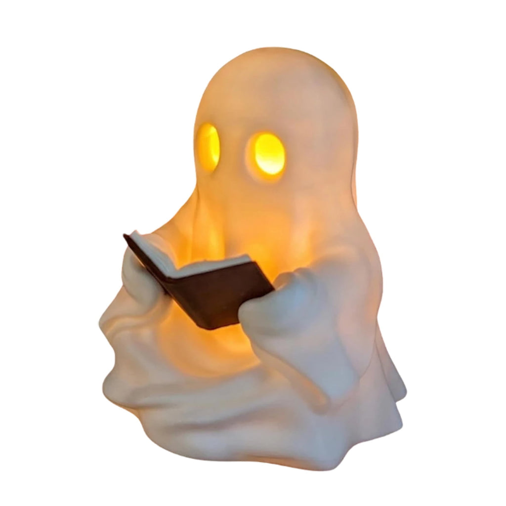 Halloween Ghost Figurine, Resin Lighted Ghost Ornament with Pumpkin Lantern & Beverage Cup, Tabletop Halloween Indoor Decor
