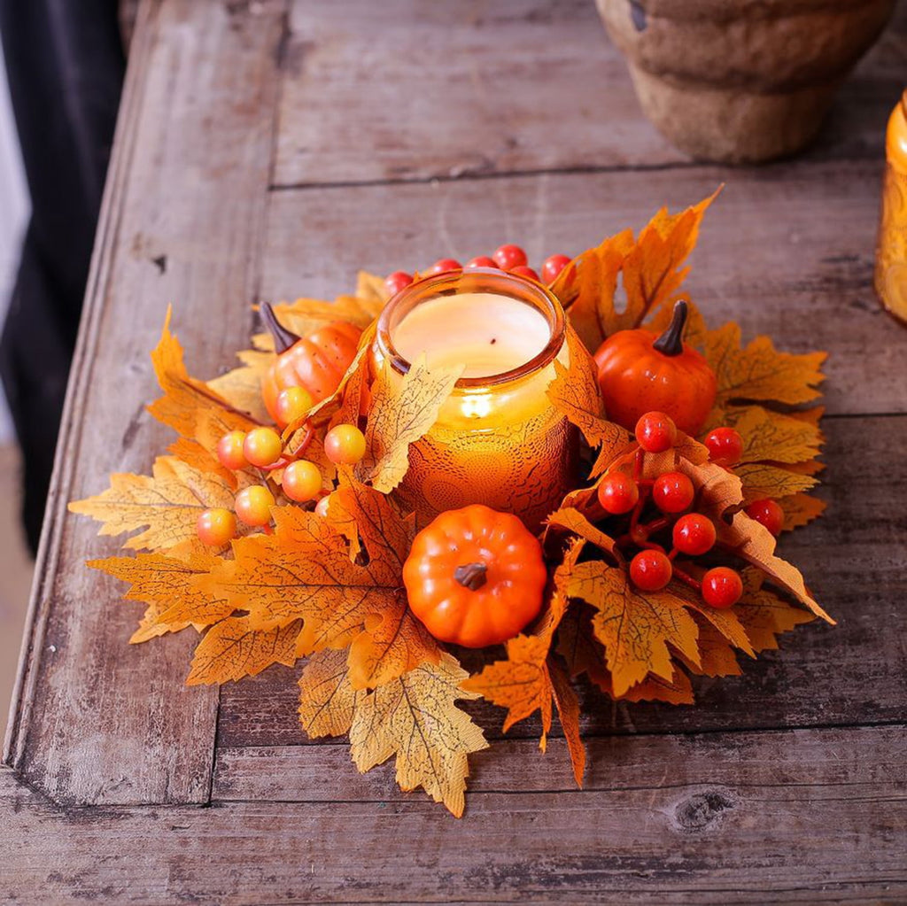TETOU 2Pcs Halloween Candle Rings Wreath for Pillar Candle Holder, Maple Leaf Black Rose Small Wreaths for Fall Thanksgiving Home Table Centerpieces, Cabinet Decorations - Black