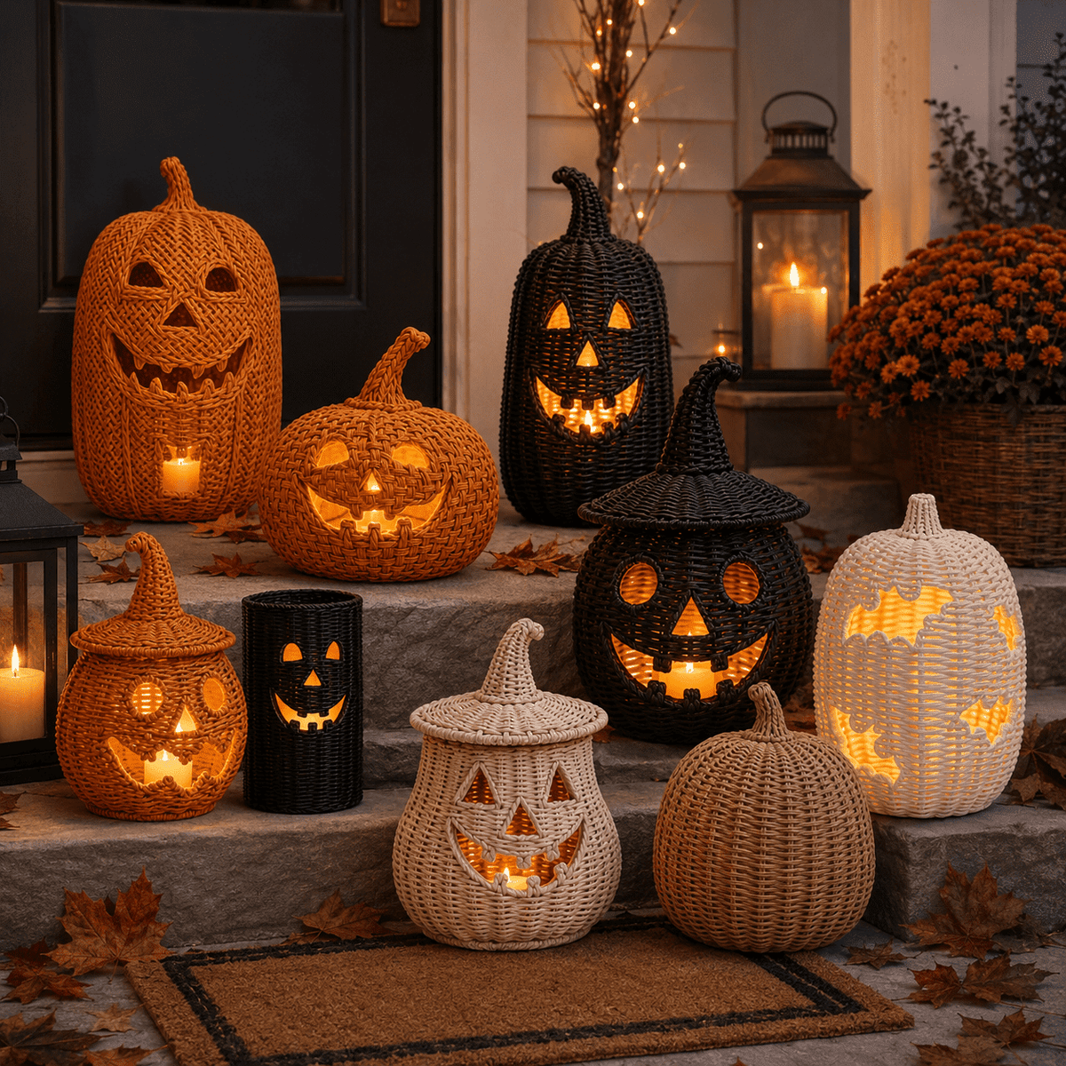 Aximioll Halloween Black Woven Jack-O-Lantern Pumpkin Decor, Hand Woven Rattan Wicker Style Statue, Trick or Treat Candy Bowl Lantern for Porch Entryway Fireplace Mantel Table, Black, 11 Inches