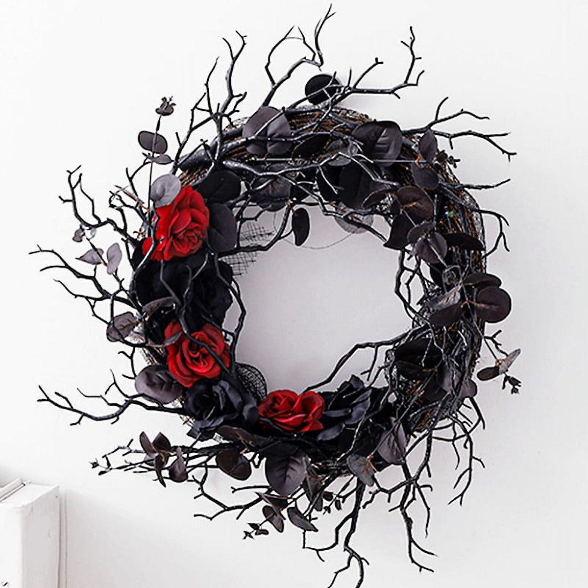 Black Halloween Door-Wreath with Red Rose Wreath for Front Door Black Wreath for Gothic Halloween Home Decor