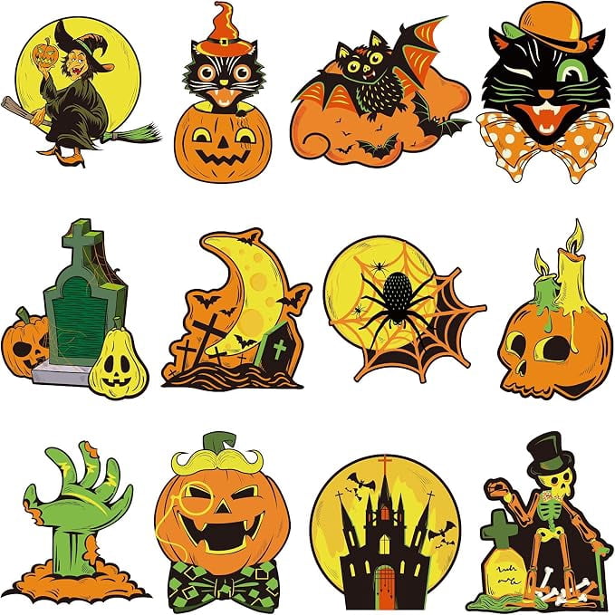 Containlol 12 Pcs Halloween Cutouts Vintage Pumpkin Witch Owl Wall Art
