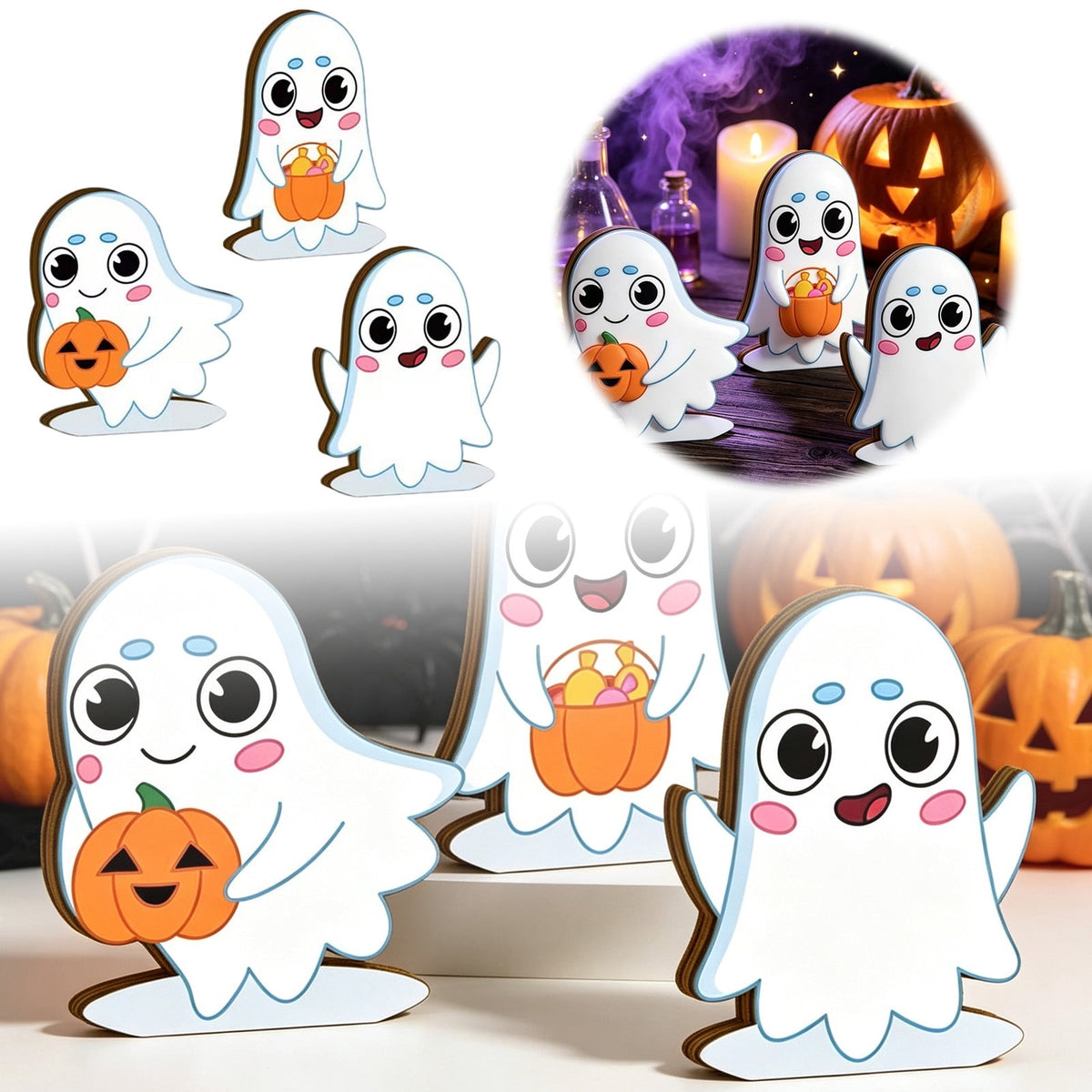 Halloween Ghost Figurine, Resin Lighted Ghost Ornament with Pumpkin Lantern & Beverage Cup, Tabletop Halloween Indoor Decor