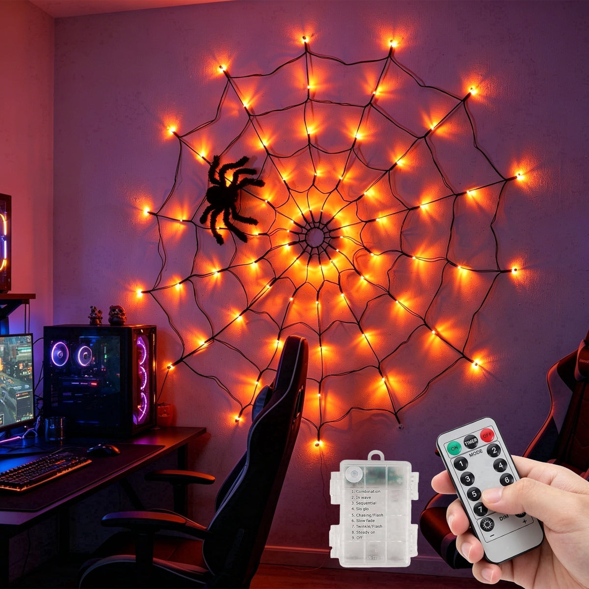 DAYBETTER Halloween Spider Web Lights, 4FT Purple LEDs with Hairy Black Spider, Remote Control, Waterproof for Indoor, Outdoor, Halloween Decor