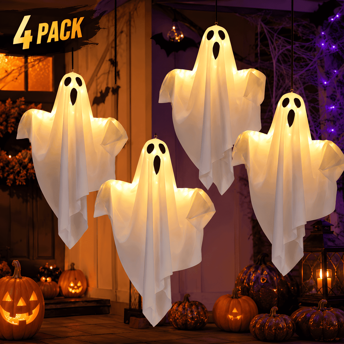 DAYBETTER Halloween Hanging Ghosts Decoration, LED White Ghost Light Up Kit Decor with adjustable arms for Indoor Outdoor Garden Yard Porch Scary Cute Halloween Ghost Decor Gifts (2 Pack)