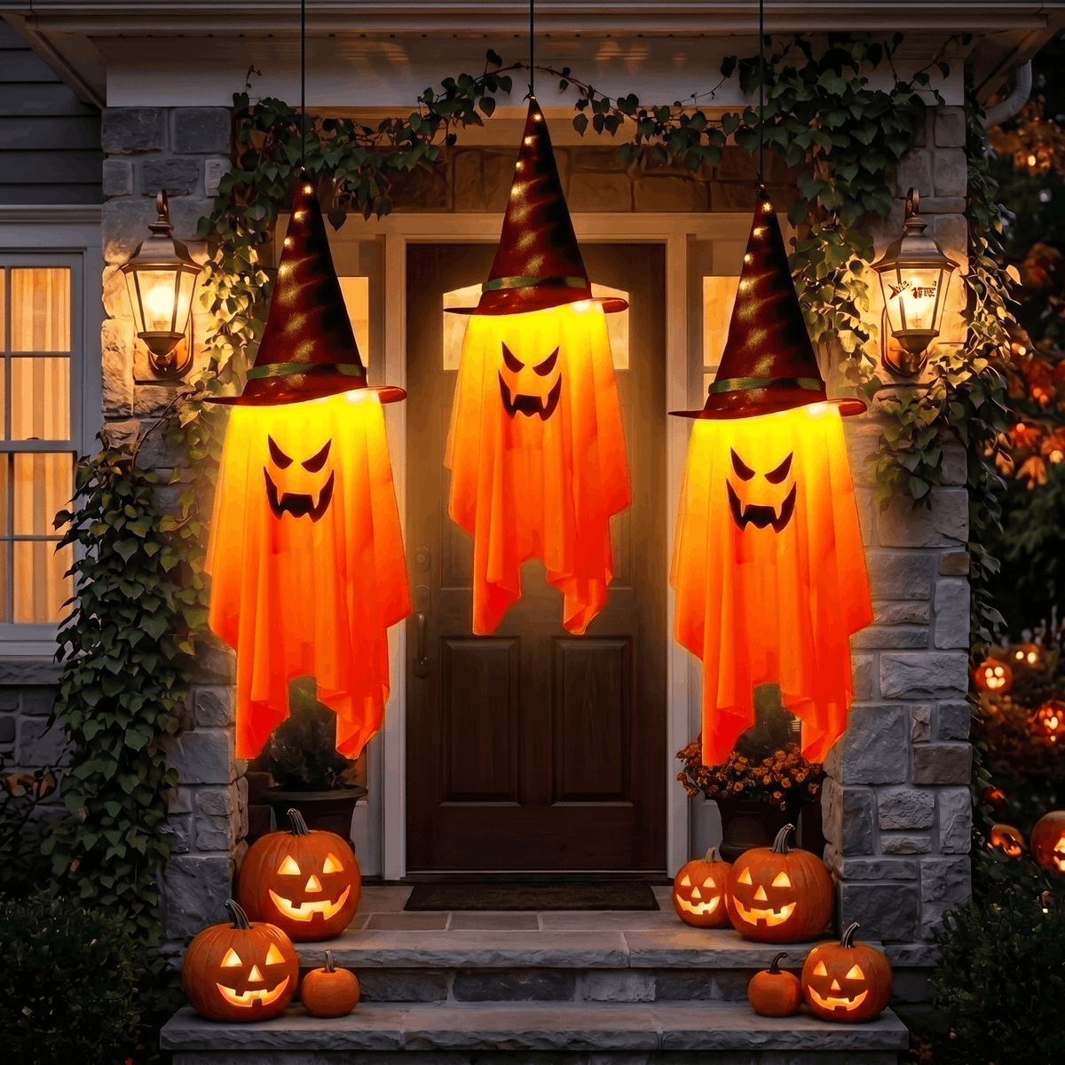 DAYBETTER 3 Pack Halloween Hanging Ghosts Light Up Decor, LED Ghost with Witch Hat Cute Lighted Ornaments for Indoor Outdoor Yard Patio Porch Tree Spooky Decor Gifts
