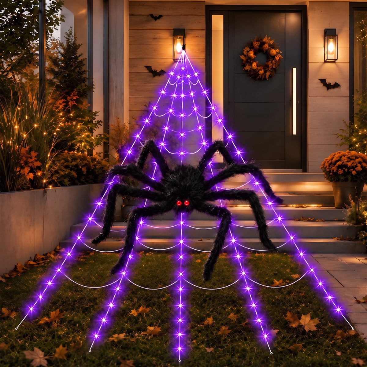 DAYBETTER Halloween Spider Web Lights, 5FT Giant Spider, 250 LED Holiday Lights, Remote Control Waterproof for Indoor Outdoor Yard Party Halloween Decorations (Purple & Orange)