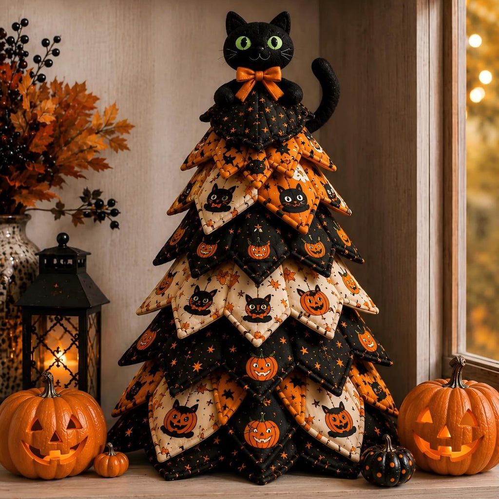 DIY Halloween Quilted Fabric Tree Kit, Sewing Project Holiday Mantel Decor, Quilted Patchwork Fabric Halloween Tabletop Christmas Tree, Handmade Gifts for Craft Lovers, Charming Patchwork Bundle #Cat