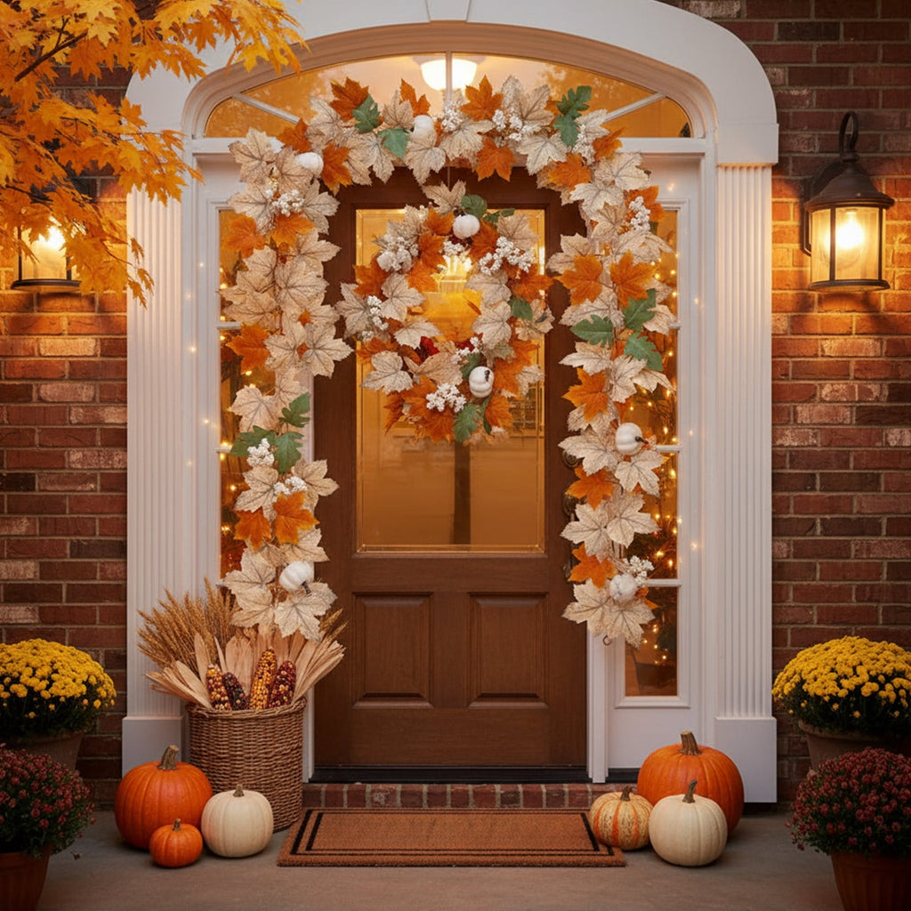 Fall Halloween Decoration for Home Indoor Outdoor Clearance Under $5.00!Artificial Maple Leaf Vines Home Decor Faux Flowers Simulated Pumpkins Artificial Maple Leaves For Thanksgiving Festival