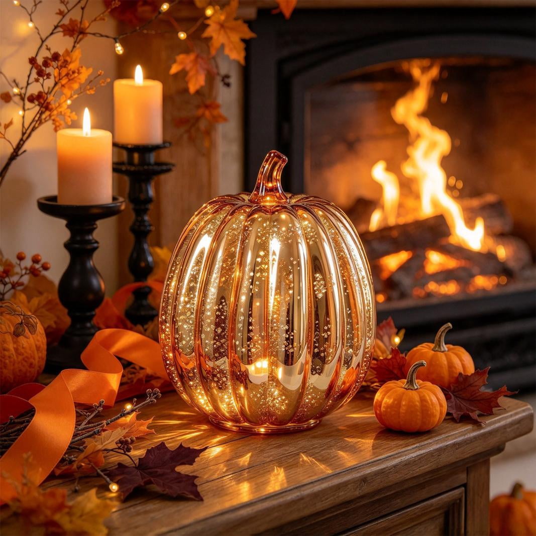Fall Mercury Glass Light up Pumpkin Decor Fall Decoration for Home Thanksgiving Lamps for Festive Decoration Halloween Decorations Starry Night Pumpkins Tabletop Centerpiece Fall Home Decor