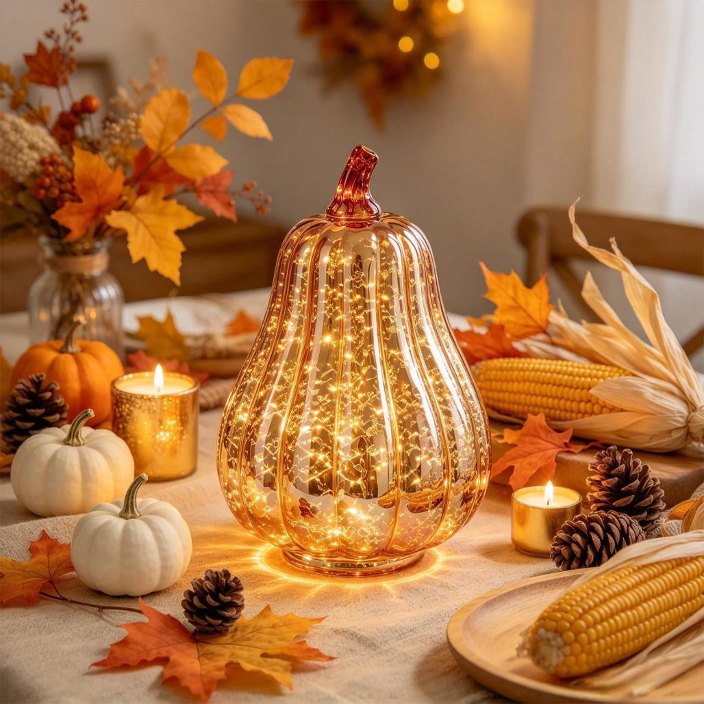 Fall Mercury Glass Light up Pumpkin Decor Fall Decoration for Home Thanksgiving Lamps for Festive Decoration Halloween Decorations Starry Night Pumpkins Tabletop Centerpiece Fall Home Decor