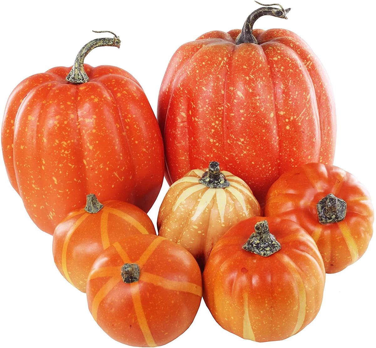 Foraging dimple 7 Pcs Assorted Harvest Orange Artificial Pumpkins Decorative Pumpkins Foam Pumpkins with Gold Stems for Fall Harvest Autumn Home Wedding Thanksgiving Halloween Party