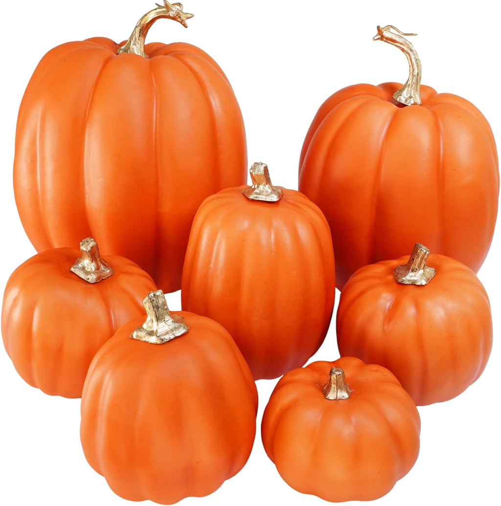 Foraging dimple 7 Pcs Assorted Harvest Orange Artificial Pumpkins Decorative Pumpkins Foam Pumpkins with Gold Stems for Fall Harvest Autumn Home Wedding Thanksgiving Halloween Party