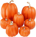 Foraging dimple 7 Pcs Assorted Harvest Orange Artificial Pumpkins Decorative Pumpkins Foam Pumpkins with Gold Stems for Fall Harvest Autumn Home Wedding Thanksgiving Halloween Party