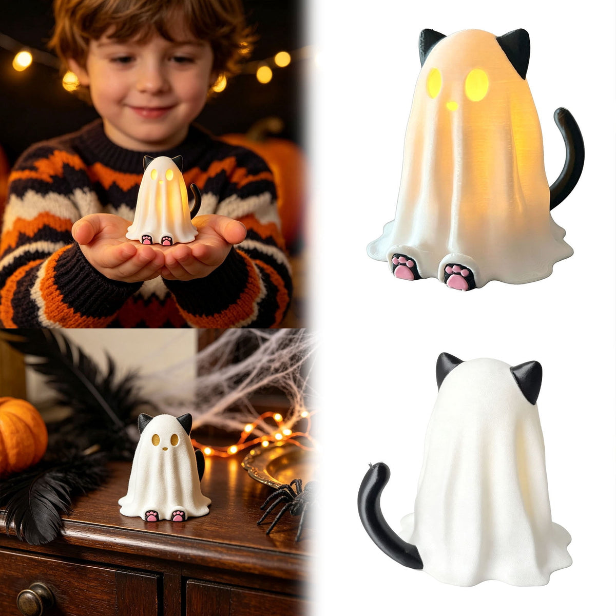 Halloween Ghost Figurine, Resin Lighted Ghost Ornament with Pumpkin Lantern & Beverage Cup, Tabletop Halloween Indoor Decor