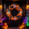 Godance 16 Inch Orange Halloween Spider Ball Wreath for Front Door, Halloween Treat-or-Trick Door Wreath Plastic Ball Ornament for Halloween Indoor Decorations Centerpiece Party Holiday Wall Decor