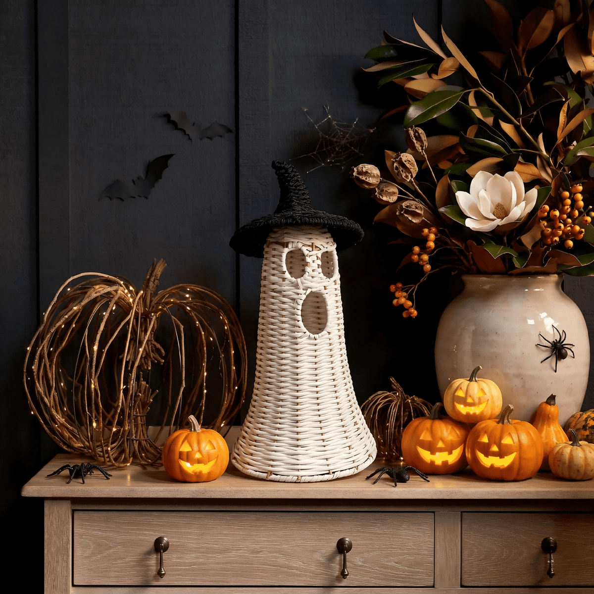 Guvpev 12" Handcrafted Woven Ghost - White Faux Rattan & Metal Ghost Figurine, Halloween Spooky Table Centerpiece & Fall Porch Decor for Indoor Outdoor