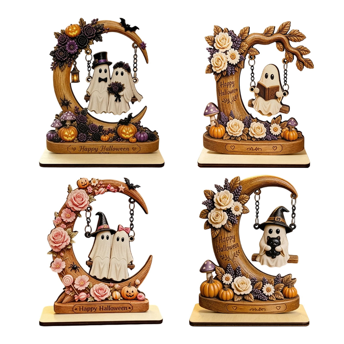 Halloween 2D Wooden Decoration, Ghost Pumpkin Cafe Tabletop Decor with Spooky Tavern Scene Design, Halloween Home Decor for Shelf Mantel Desk Display, Fall Decor and Seasonal Home Decorations