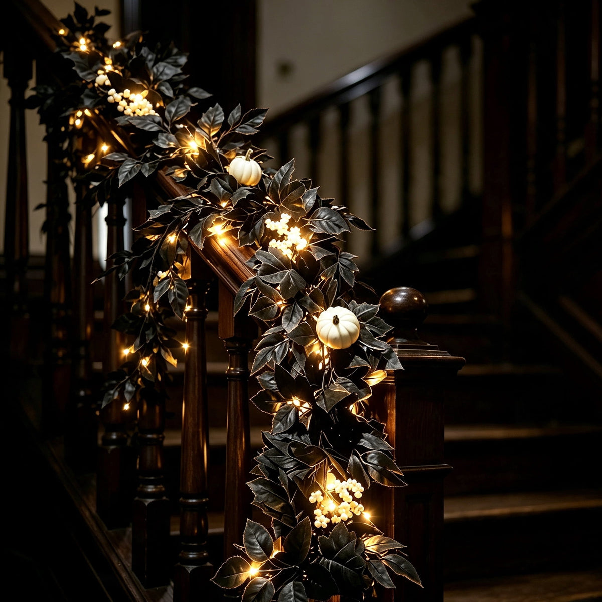 Halloween Black Garland with LED Lights 70.87 Inch Gothic Foliage for Mantel Stair Halloween Party Home Indoor Decor