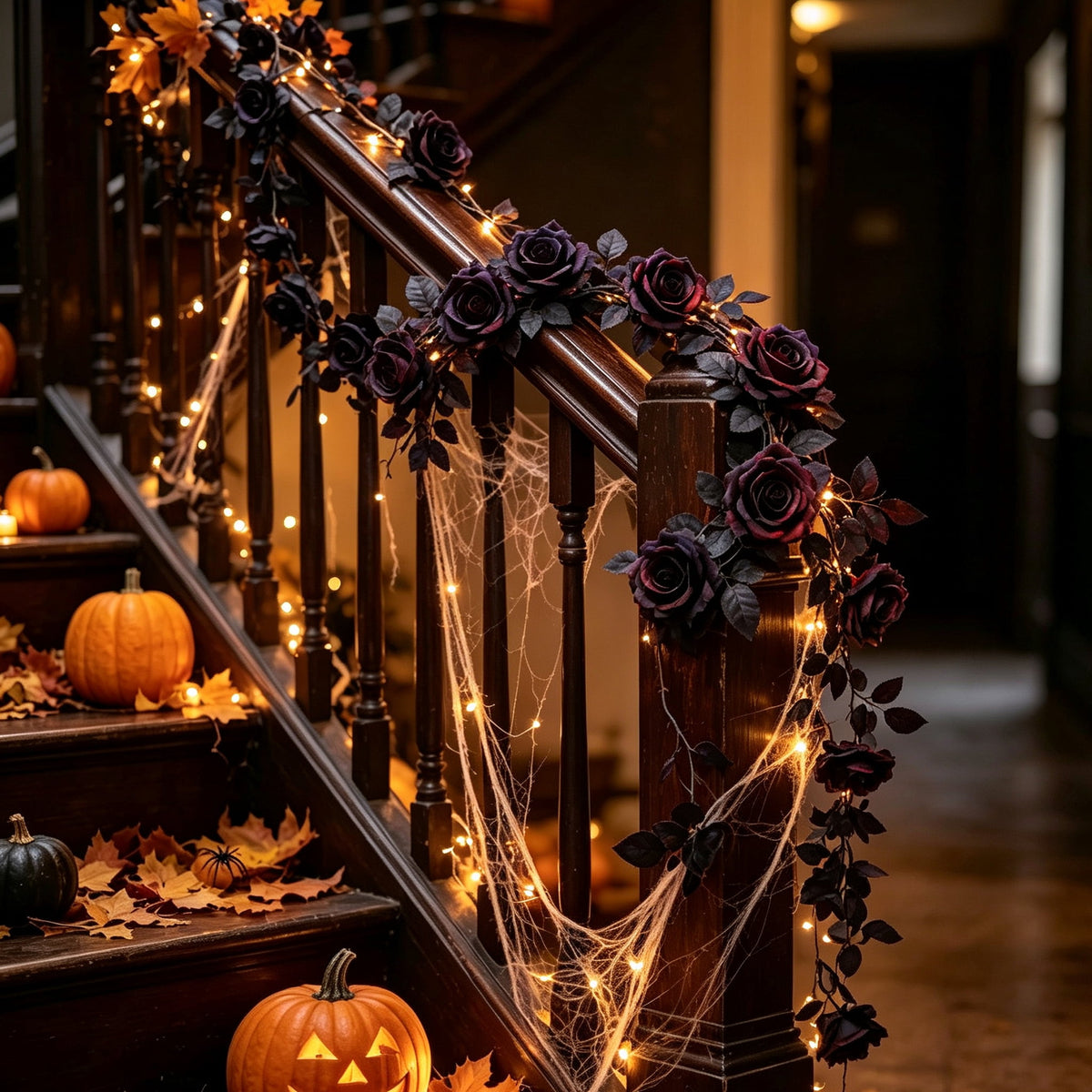 Halloween Black Garland with LED Lights 70.87 Inch Gothic Foliage for Mantel Stair Halloween Party Home Indoor Decor