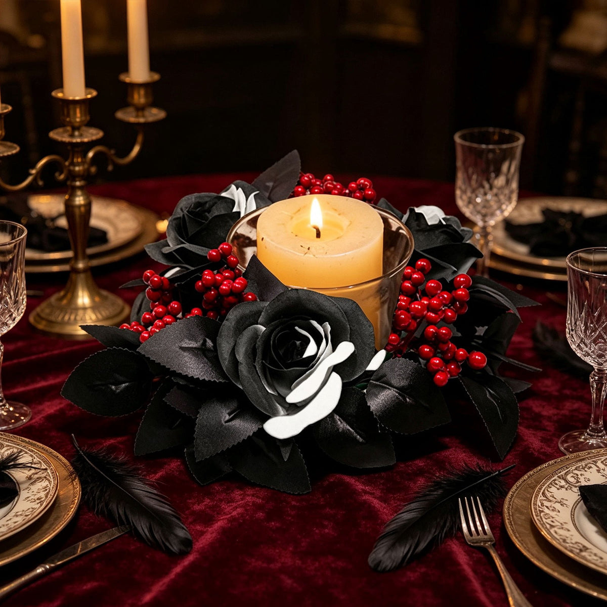 Fall Candle Ring,Artificial Maple Leaves Pumpkins Decorative Wreaths,Berry Wreath for Pillar Candle Holder,Candle Ring for Halloween Centerpieces and Farmhouse Table Decor,7.48 inch(Pink)
