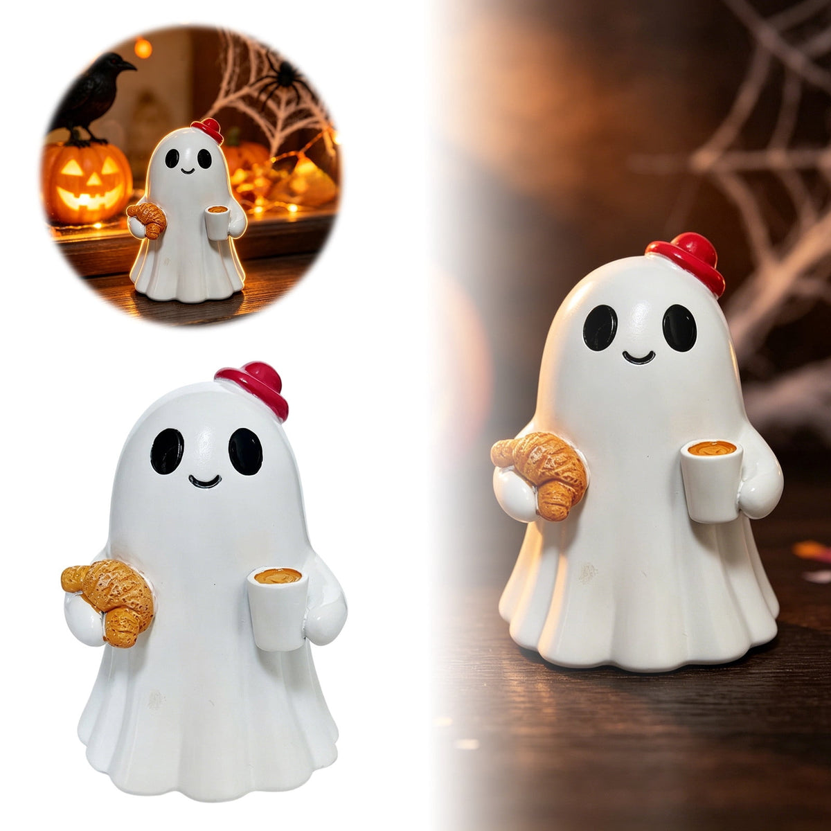 Halloween Ghost Figurine, Resin Lighted Ghost Ornament with Pumpkin Lantern & Beverage Cup, Tabletop Halloween Indoor Decor