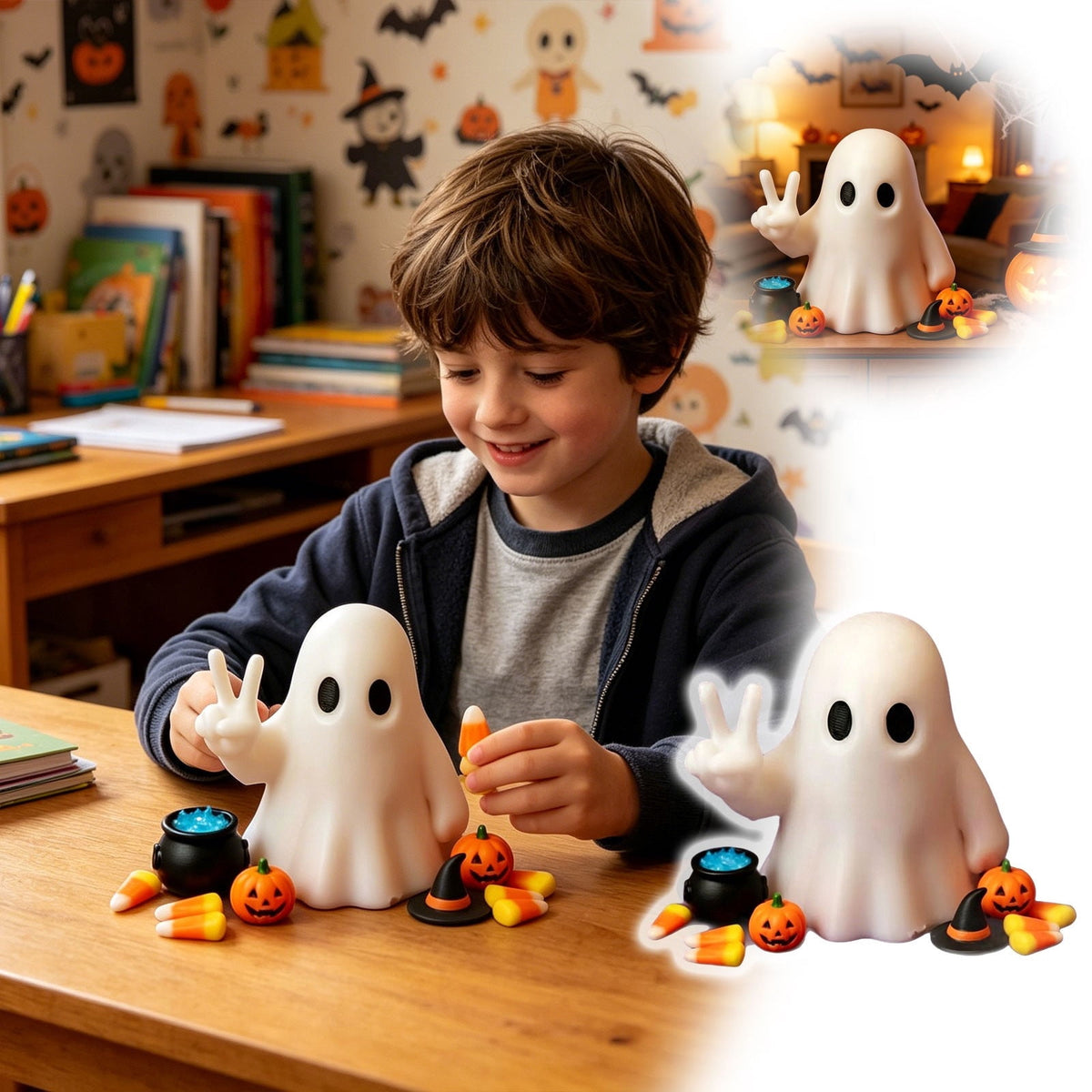 Halloween Ghost Figurine, Resin Lighted Ghost Ornament with Pumpkin Lantern & Beverage Cup, Tabletop Halloween Indoor Decor