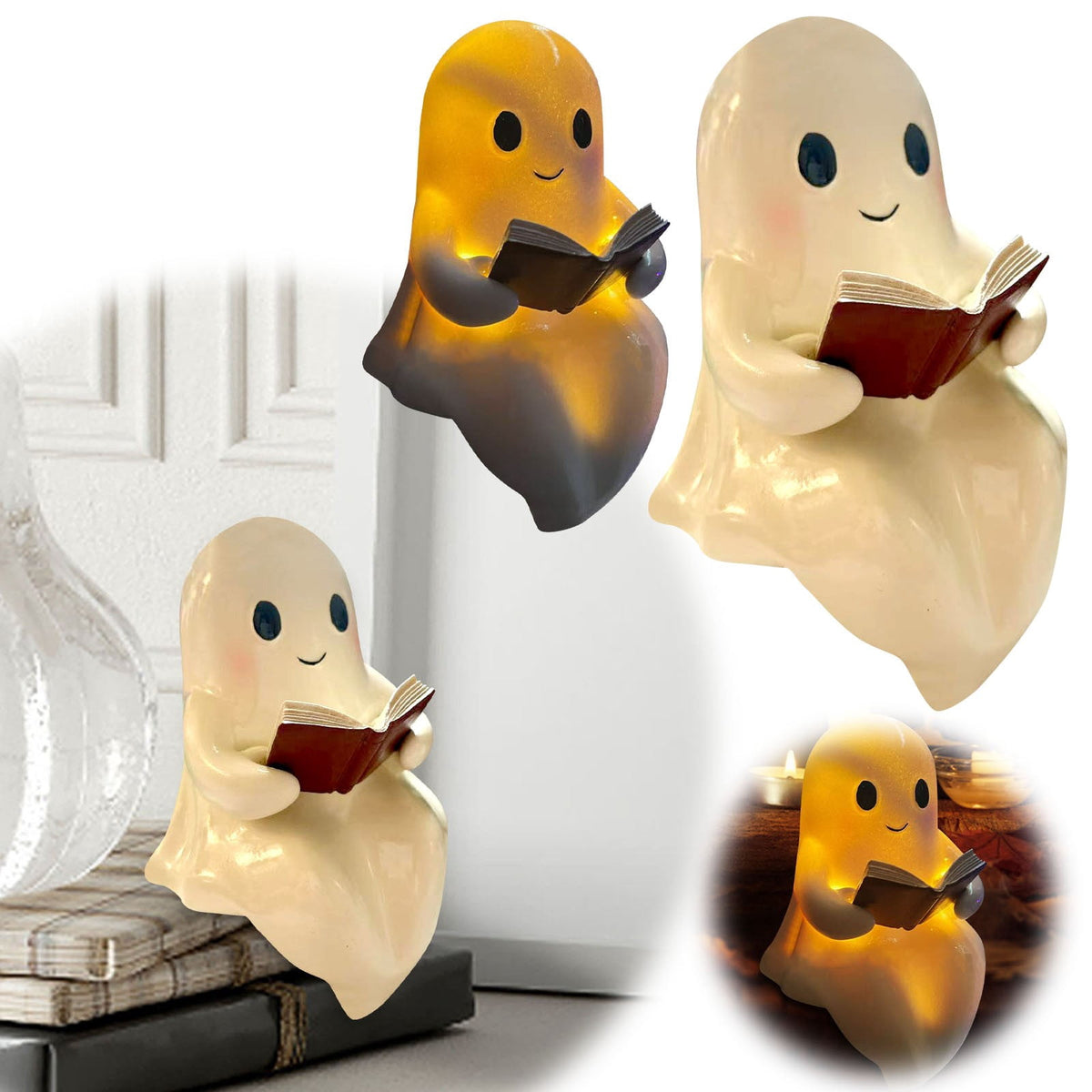 Halloween Ghost Figurine, Resin Lighted Ghost Ornament with Pumpkin Lantern & Beverage Cup, Tabletop Halloween Indoor Decor