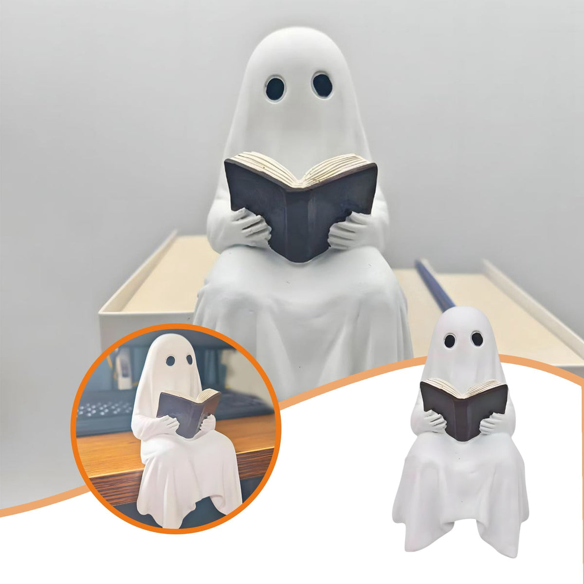 Halloween Ghost Figurine, Resin Lighted Ghost Ornament with Pumpkin Lantern & Beverage Cup, Tabletop Halloween Indoor Decor