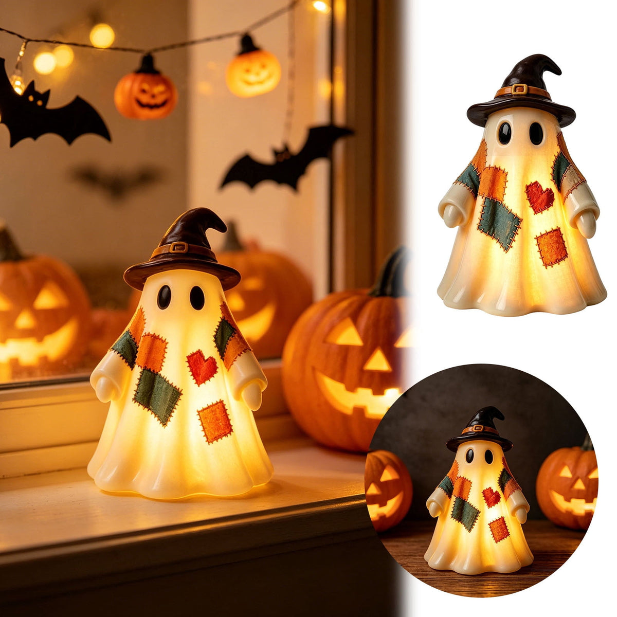 Halloween Ghost Figurine, Resin Lighted Ghost Ornament with Pumpkin Lantern & Beverage Cup, Tabletop Halloween Indoor Decor