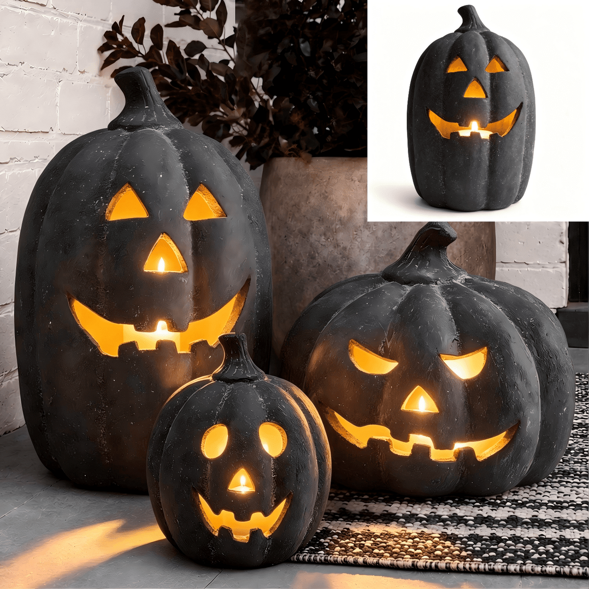 Halloween Decorations - 5.9" Black Handmade Resin Jack O Lantern Pumpkin Fall Decor, Indoor Outside Gothic Festival House Centerpiece Decoration for Table Garden Living Room Mantel