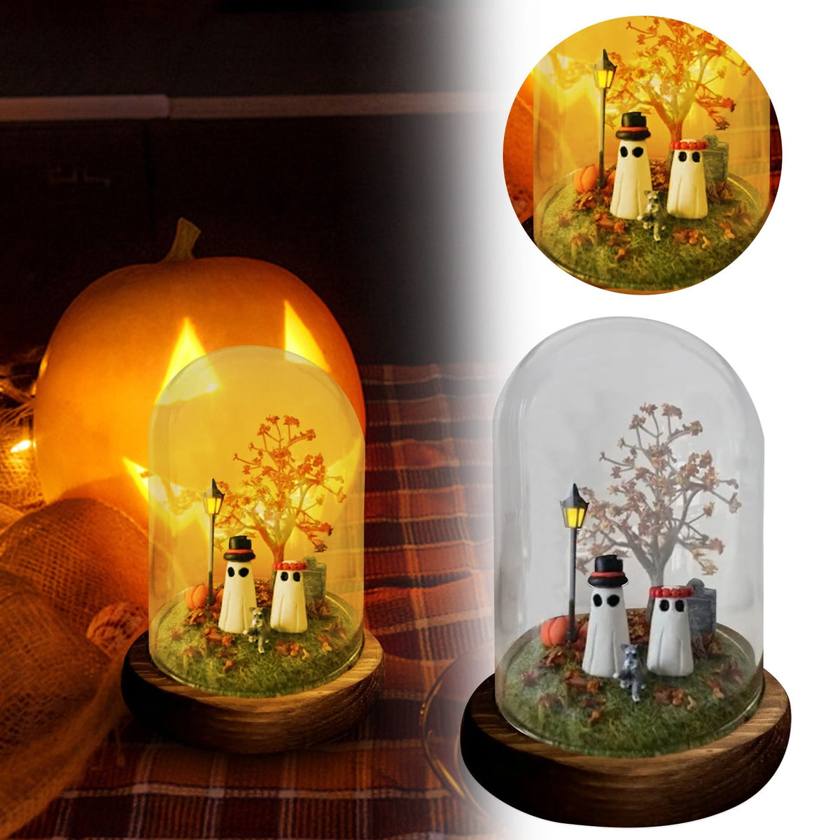 Halloween Ghost Figurine, Resin Lighted Ghost Ornament with Pumpkin Lantern & Beverage Cup, Tabletop Halloween Indoor Decor
