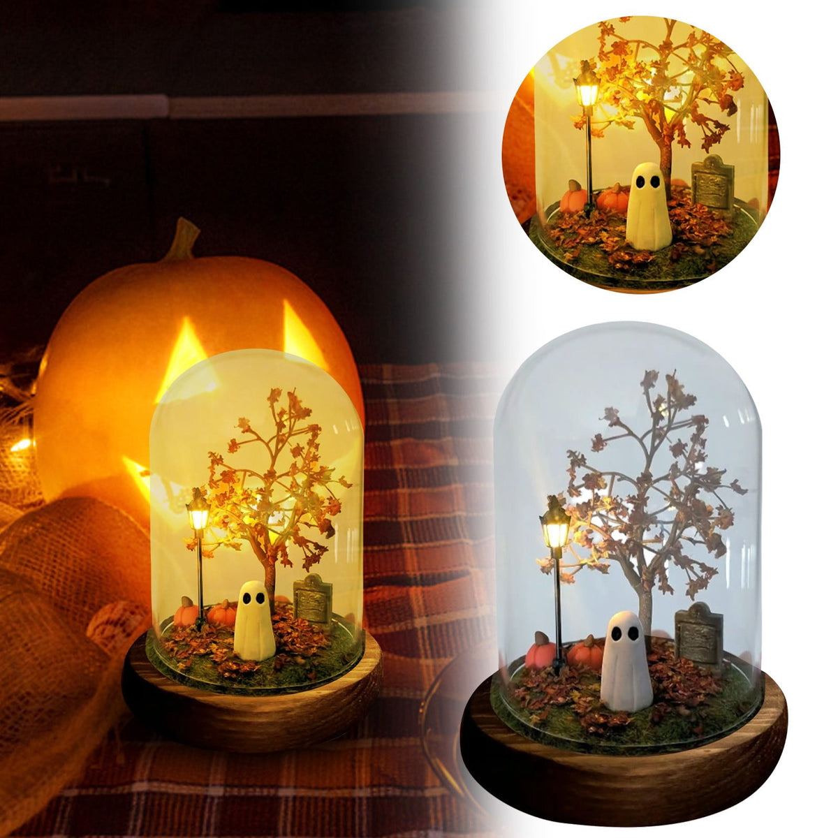 Halloween Ghost Figurine, Resin Lighted Ghost Ornament with Pumpkin Lantern & Beverage Cup, Tabletop Halloween Indoor Decor