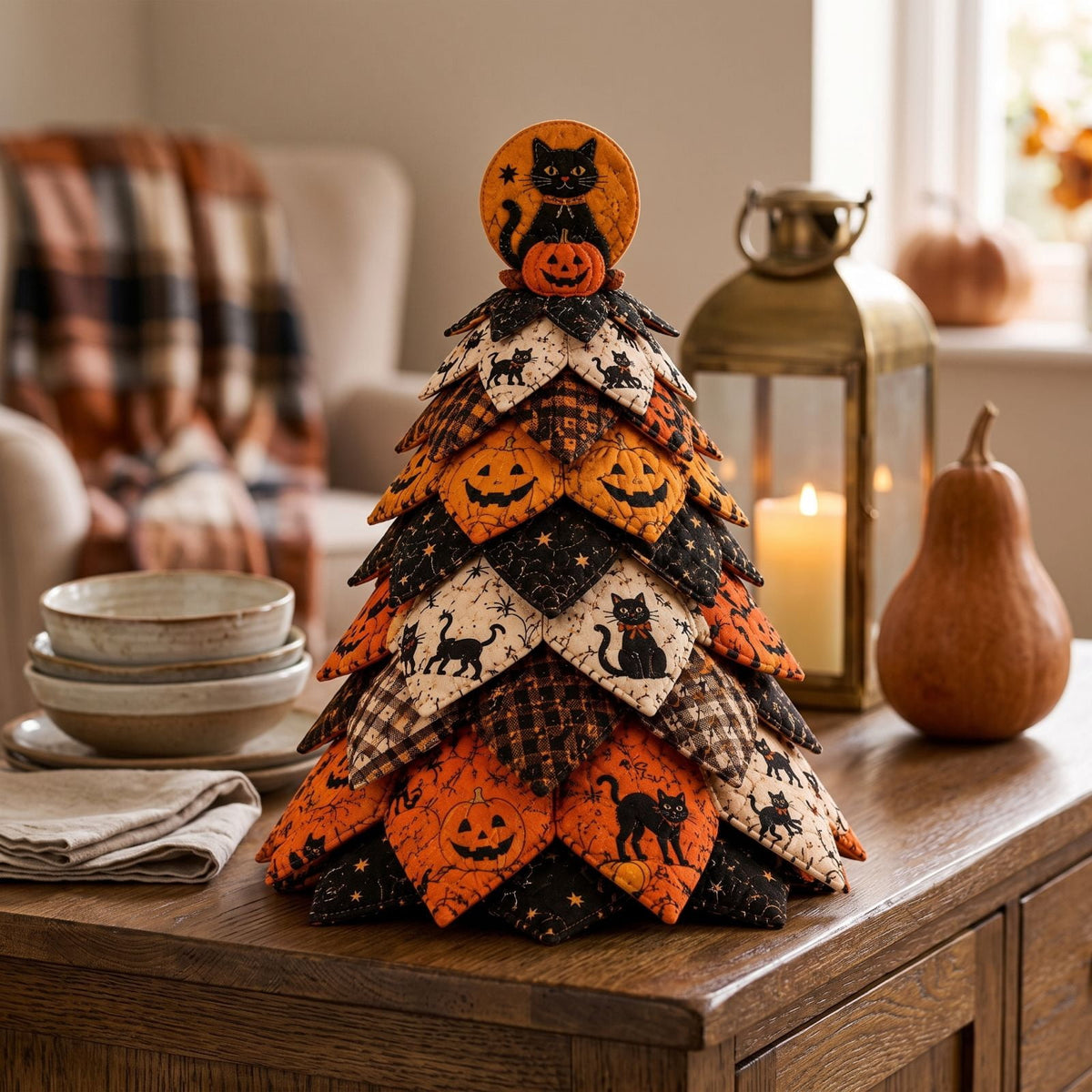 Halloween Fabric Trees - 11.8" DIY Halloween Quilted Fabric Tree Kit, Black Cat Pumpkin Witch Design, Sewing Patchwork Ghost Trees Holiday Table Mantel Decor, Handmade Gift for Craft Lovers