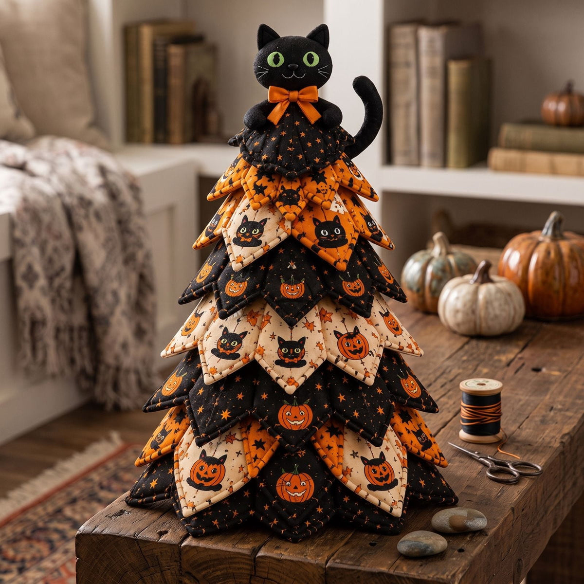 Halloween Fabric Trees - 11.8" DIY Halloween Quilted Fabric Tree Kit, Black Cat Pumpkin Witch Design, Sewing Patchwork Ghost Trees Holiday Table Mantel Decor, Handmade Gift for Craft Lovers