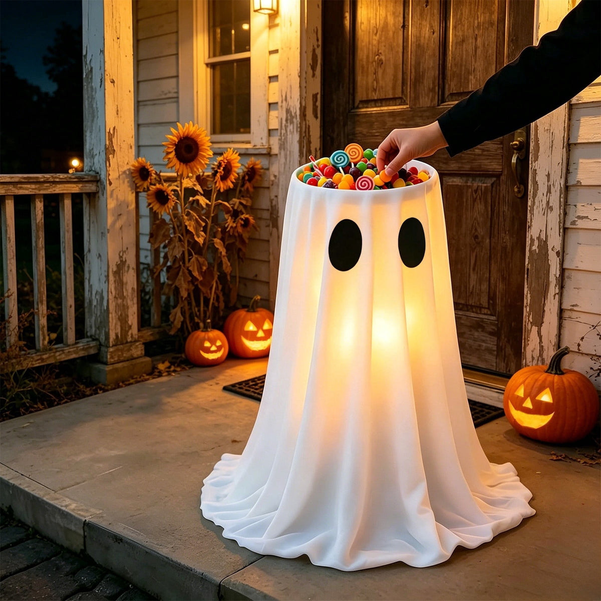 Halloween Ghost Candy Bowl Large Light Up Floor Stand with Remote Control for Halloween Party Treat Display and Trick Or Treat Setup