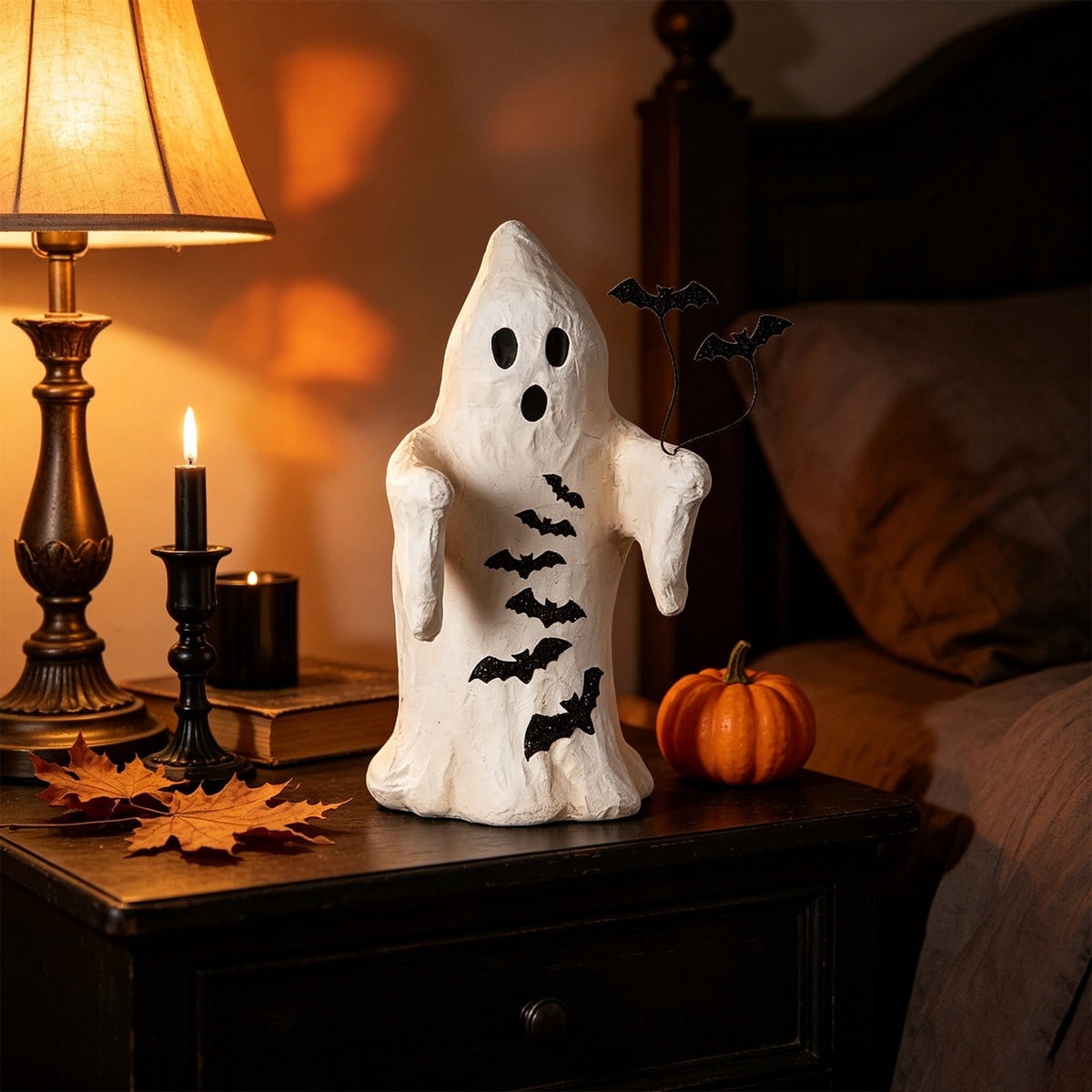 Halloween Ghost Figurine, Resin Lighted Ghost Ornament with Pumpkin Lantern & Beverage Cup, Tabletop Halloween Indoor Decor