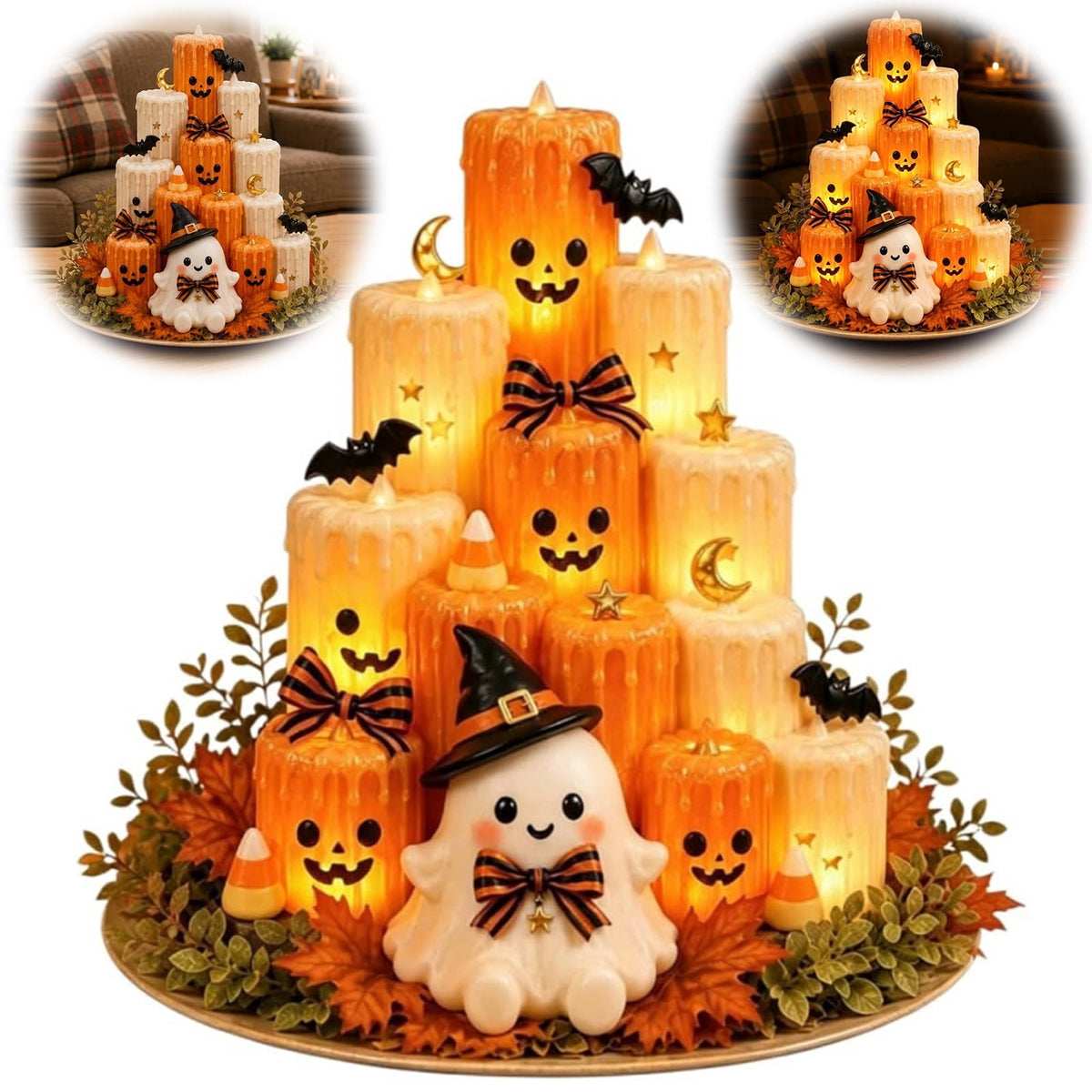 Halloween Ghost Pumpkin LED Candle, Halloween Tabletop Decor with Flickering Warm Light