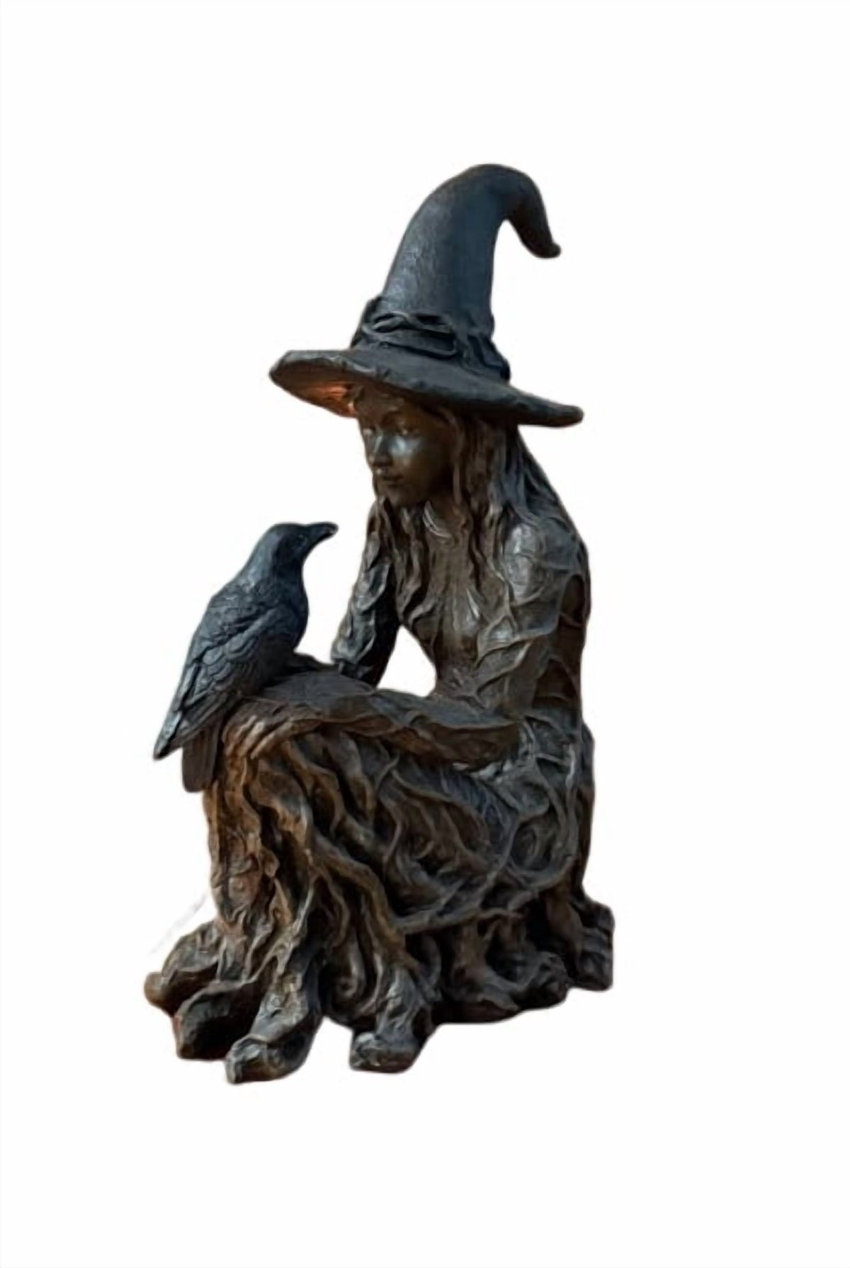 2026 New Halloween Mossy Tree Witch With Crow Light Up 7" Resin Figurine Rave Mantel Shelf Party Decorations
