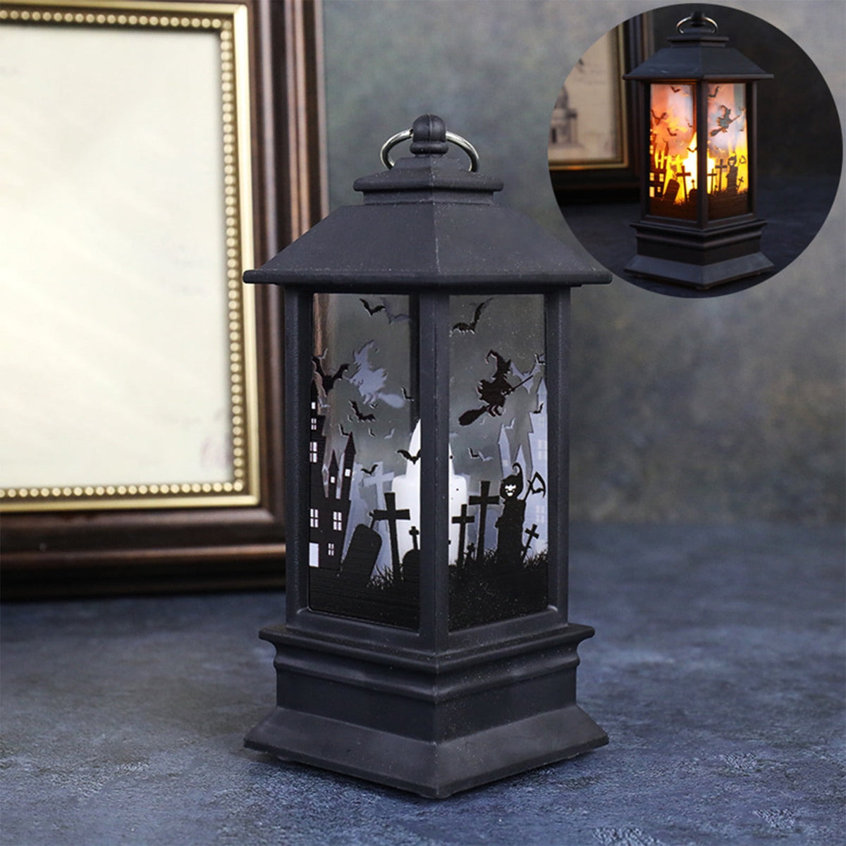 Black Halloween Mini LED Lantern Table Centerpiece 5.1 Inch for Indoor Decor, 2 Inch, 5 cm