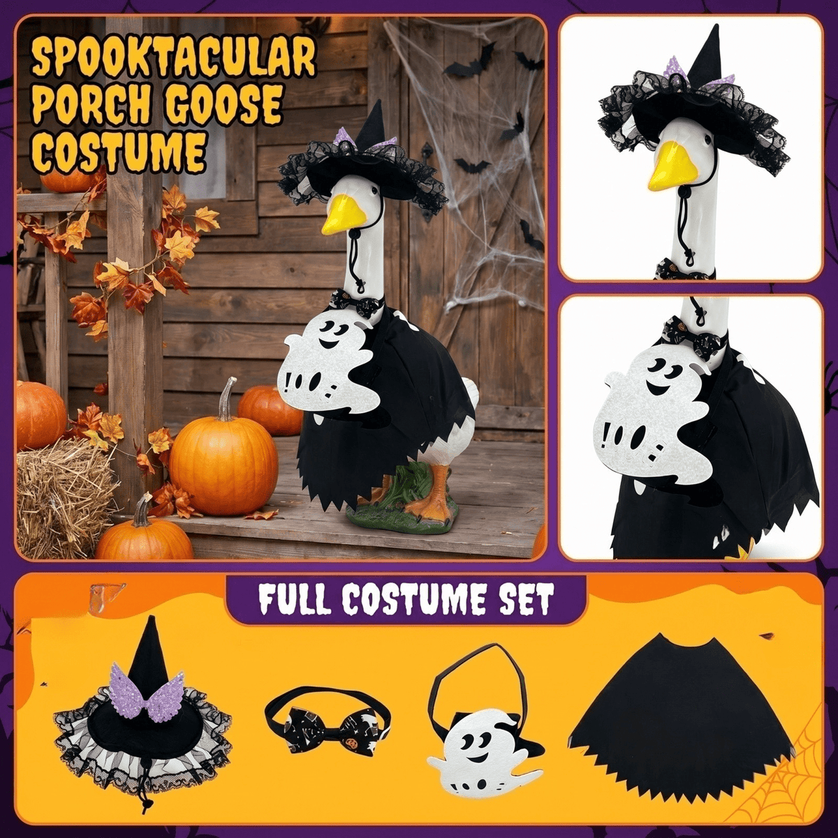 Halloween Garden Porch Decor, Porch Goose Outfits Halloween, 23 Inch Porch Goose Outfits, Witch Dress and Hat Set, Fits 23X11X26 Inch Standing Plush Goose for Front Porch Lawn
