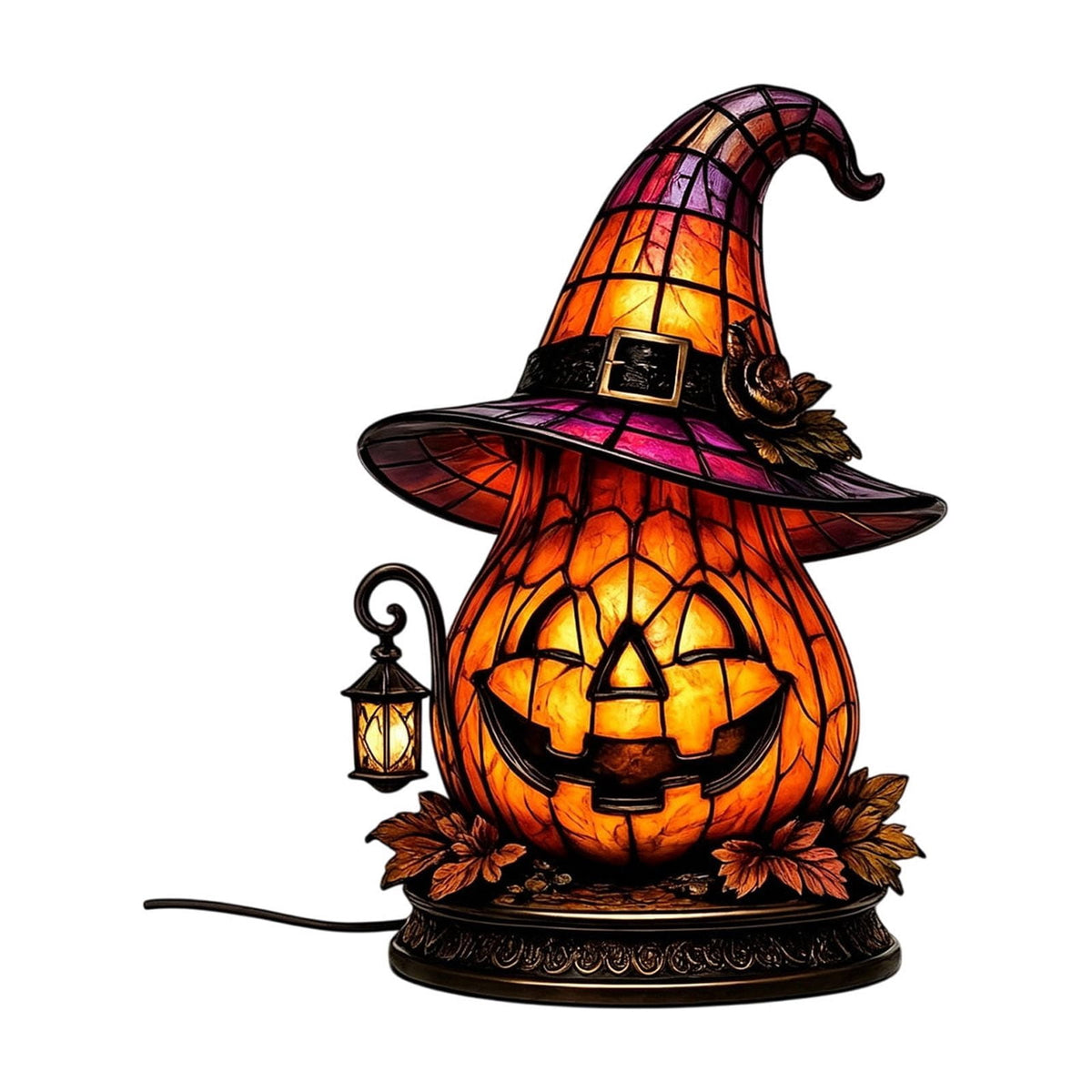 Halloween Lighted Witch Cauldron Decor Lamp, Stained Glass Witch Hat Magic Pot Night Light with Pumpkin & Potion Bottle Details, Spooky Vintage Tabletop Ornament for Mantel Living Room Party