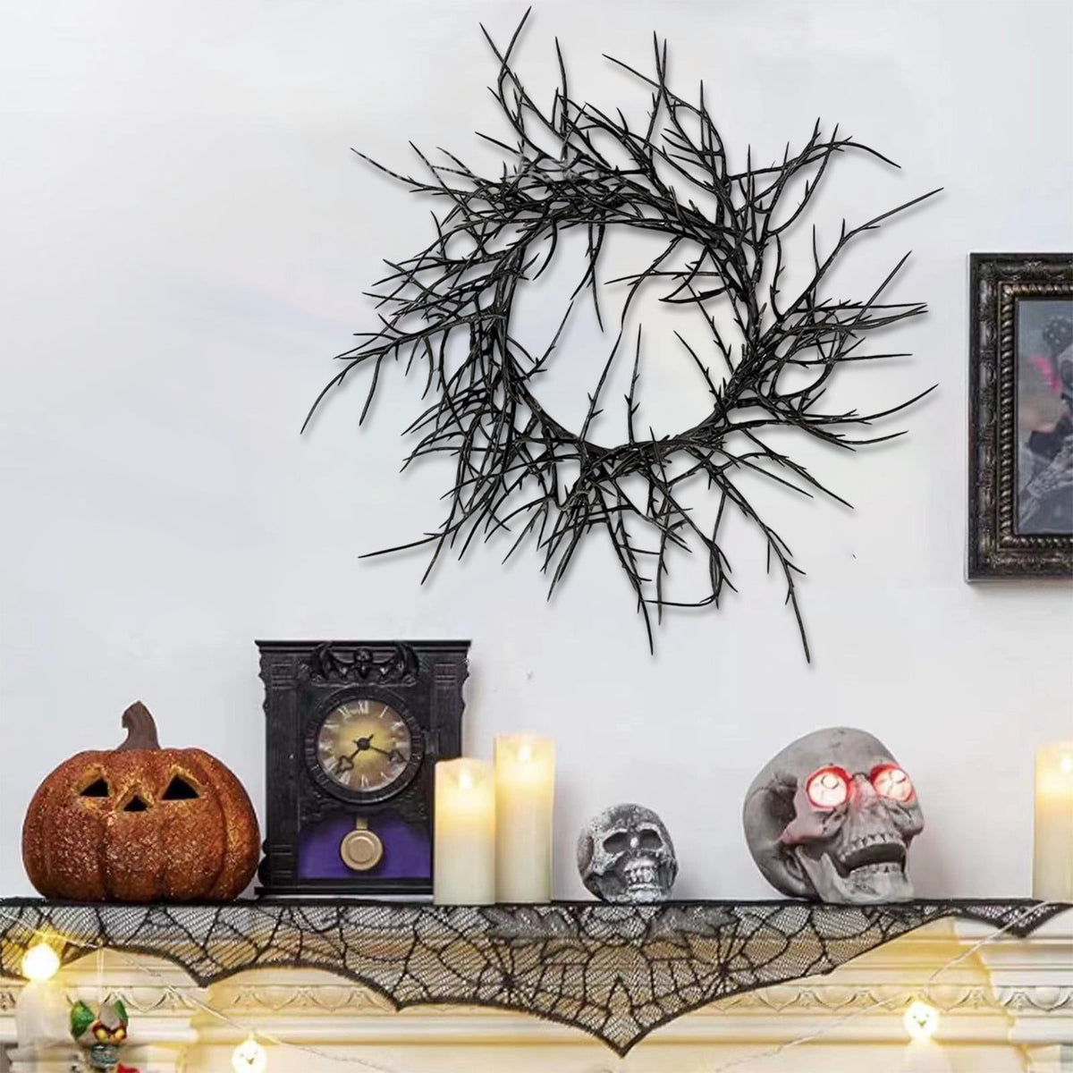Halloween Wreath, Black Twig Wreath for Front Door, Artificial Spooky Branch Decor for Indoor Outdoor Home Party, Wall Hanging Ornament