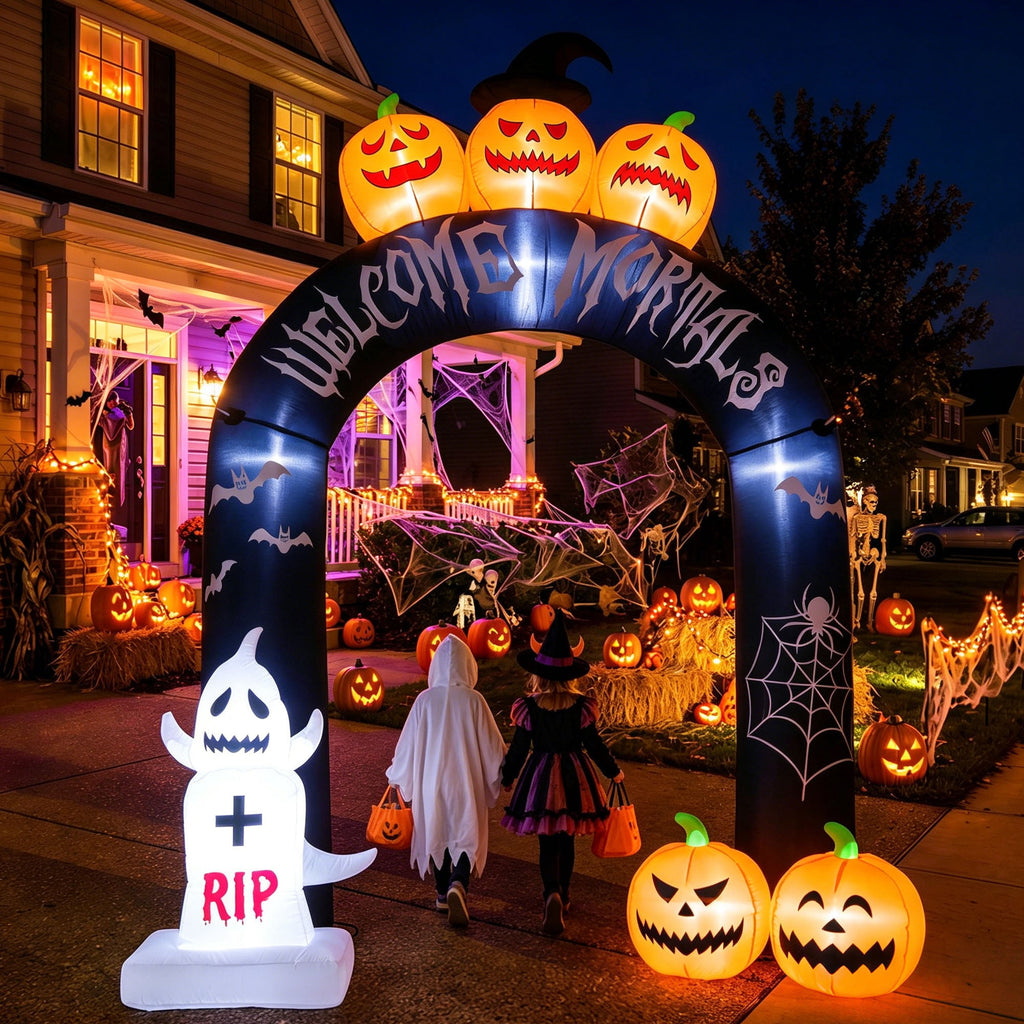MAGOTAN 9 FT Halloween Inflatables Archway Outdoor Decorations Pumpkin Ghost Archway Halloween Inflatable Blow Up Pumpkin Tombstone Decoration Build-in LED Lights