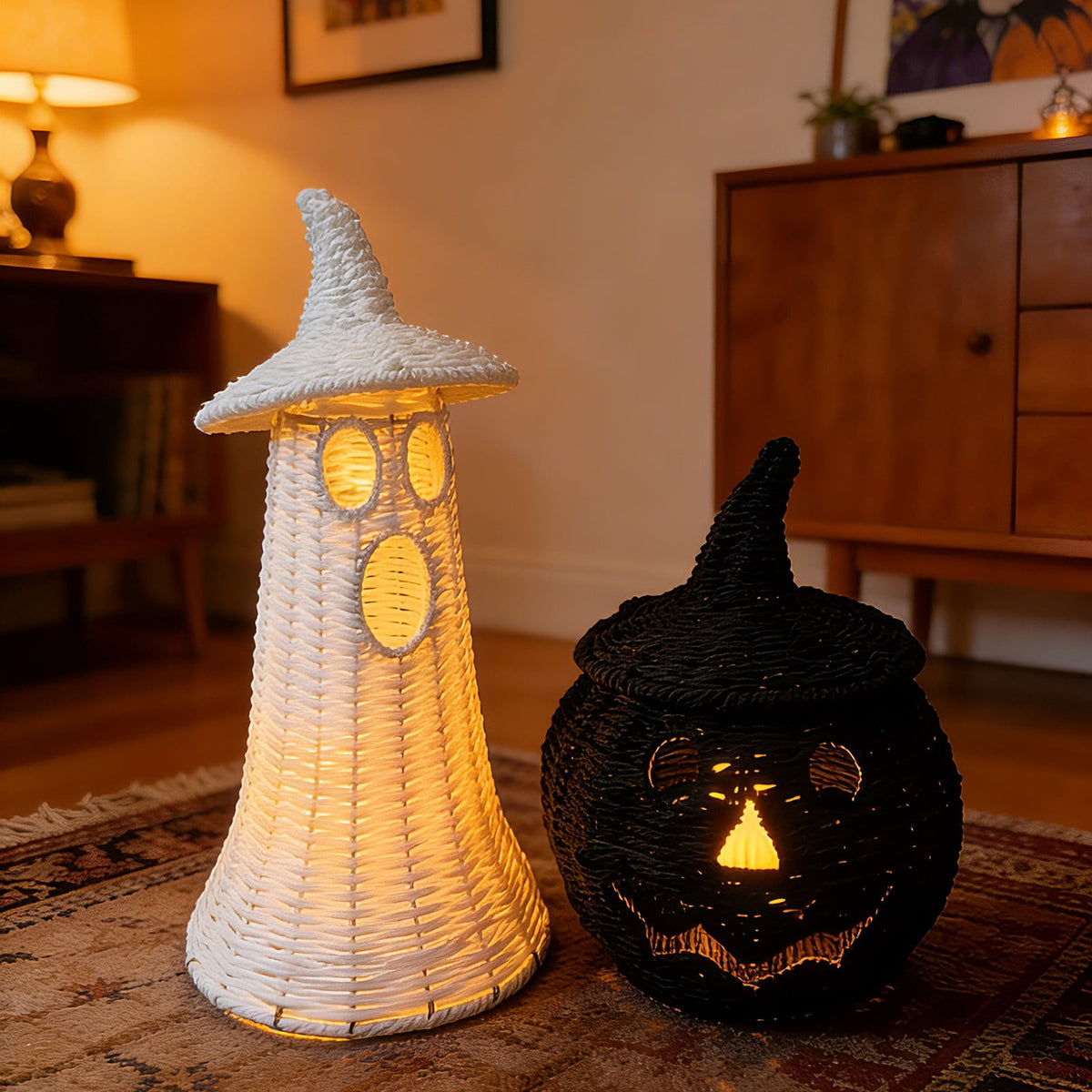Handwoven Rattan Ghost Lantern with Witch Hat - 13.78 Inch White Wicker Ghost Decor, Light Up Halloween Decorations for Indoor Outdoor, Porch, Patio, Spooky Home Decor, Fall Harvest