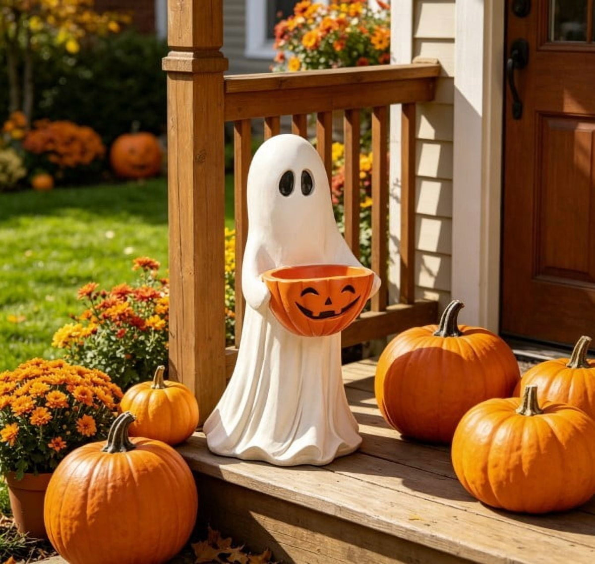 Homellea Ghost Figurine with Pumpkin Candy Bowl, 13.7 Inch Halloween Decorative Statue for Covered Porch, Entryway, Tabletop, Mantel, Shelf, Yard Display and Fall Home Decor Accent