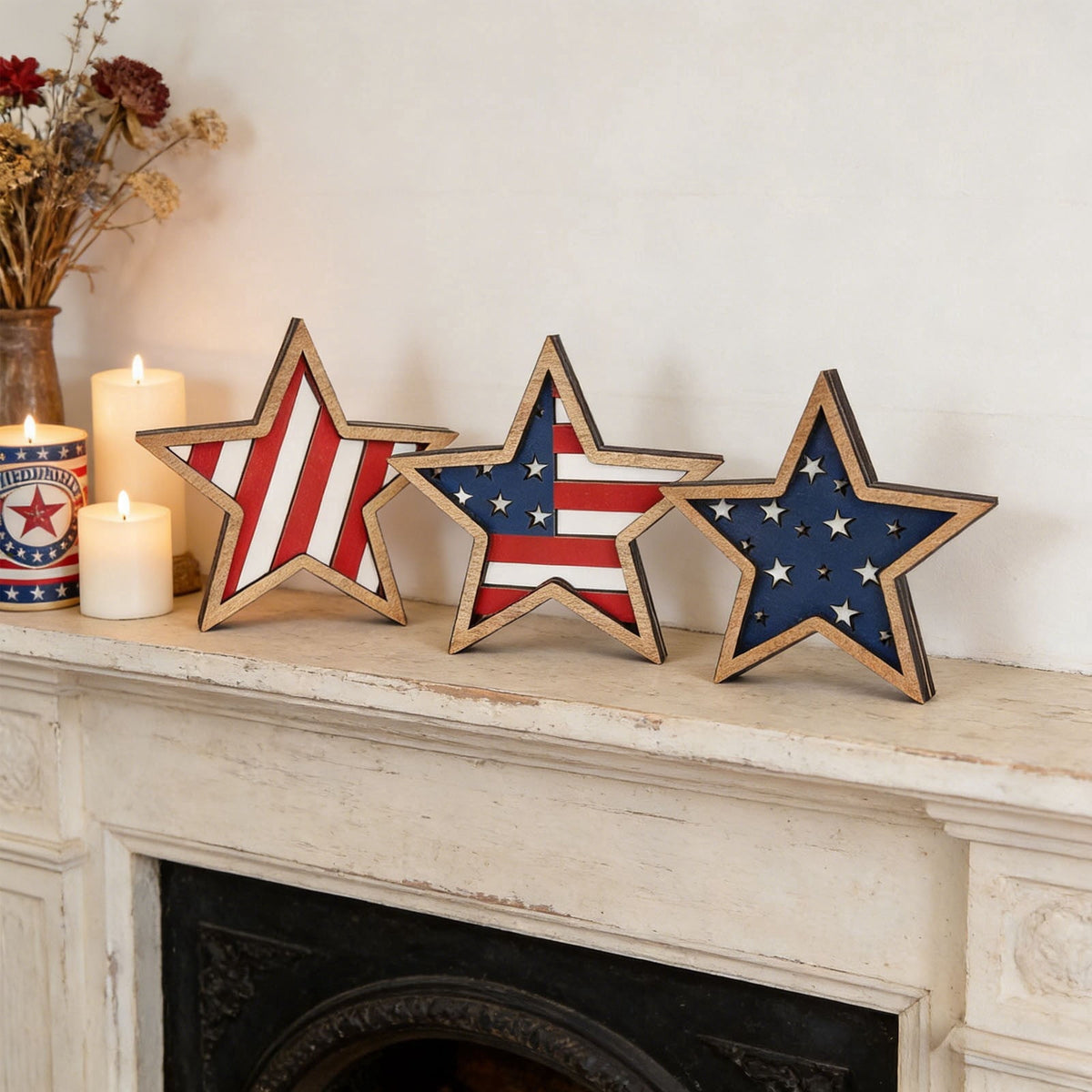 Japceit 3Pcs 4Th Of July Decorations Wooden Stars,Red White Blue Patriotic Decor, Independence Day Ornaments Set,For Home Office Table Shelf