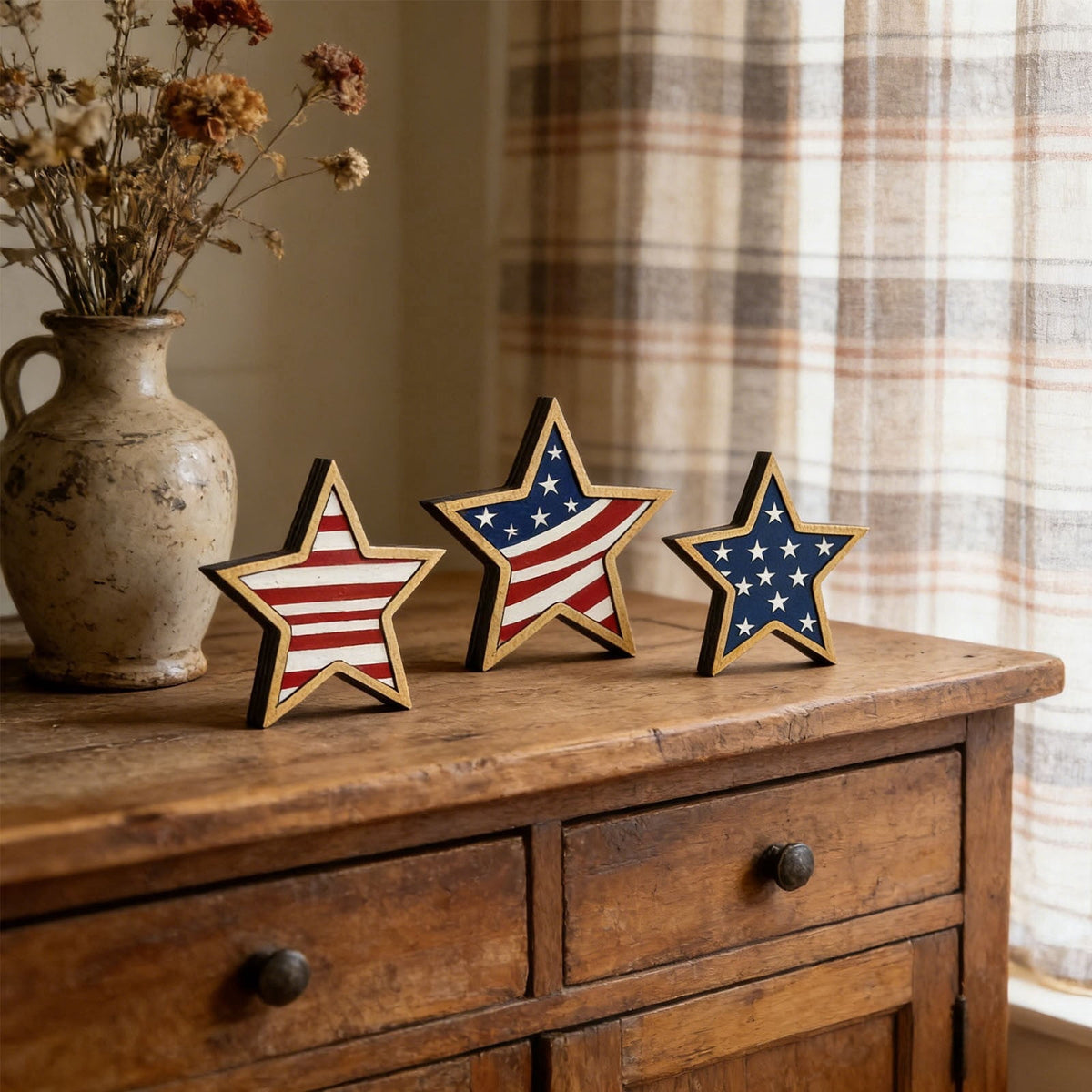 Japceit 3Pcs 4Th Of July Decorations Wooden Stars,Red White Blue Patriotic Decor, Independence Day Ornaments Set,For Home Office Table Shelf